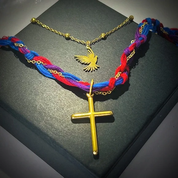 NEW Scarlet Purple Blue & Gold Handwoven Rope Cross Dove Chain - Picture 1 of 4